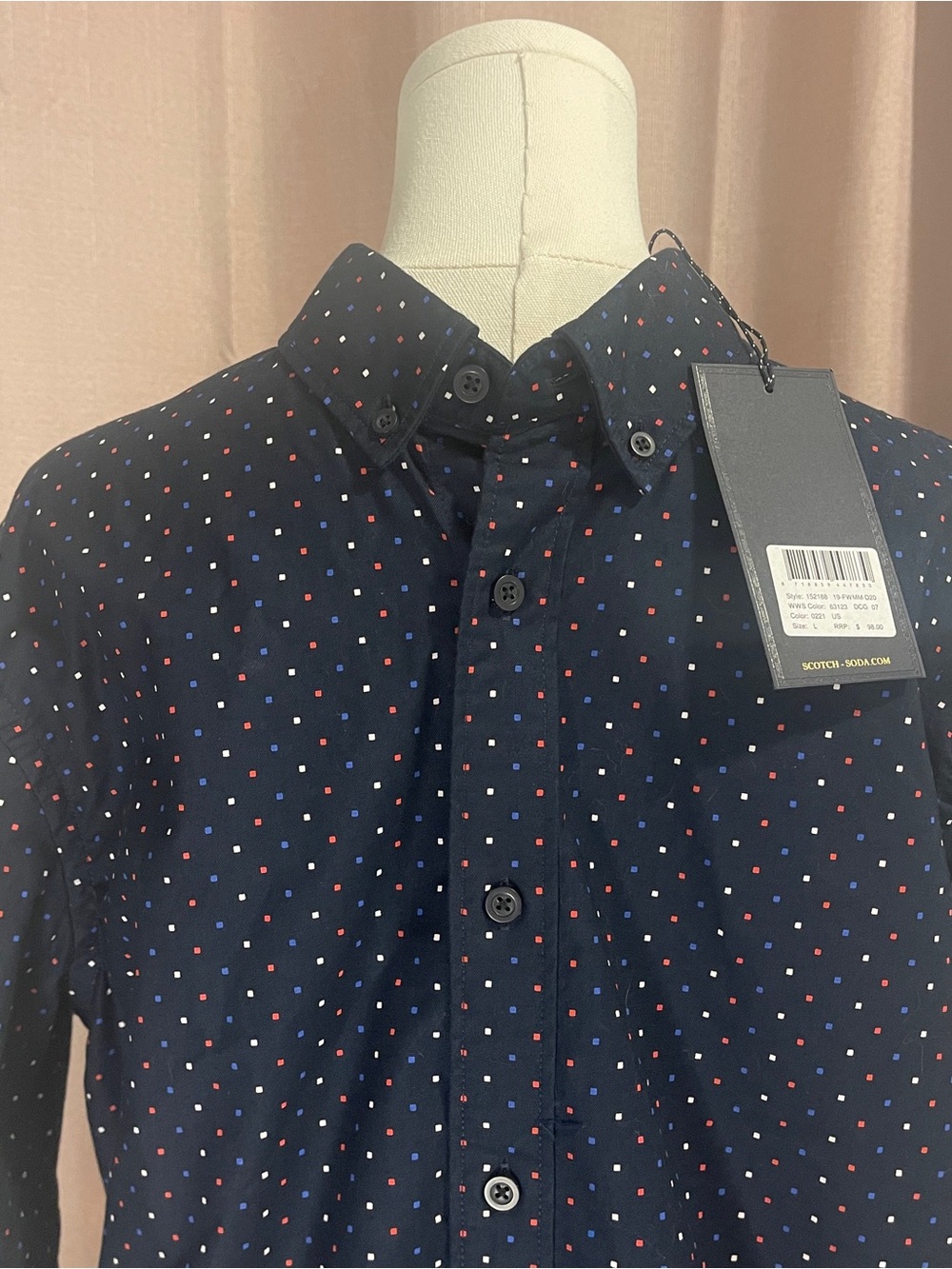 NWT Scotch & Soda Cotton Oxford Shirt Navy Blue with Micro Dots